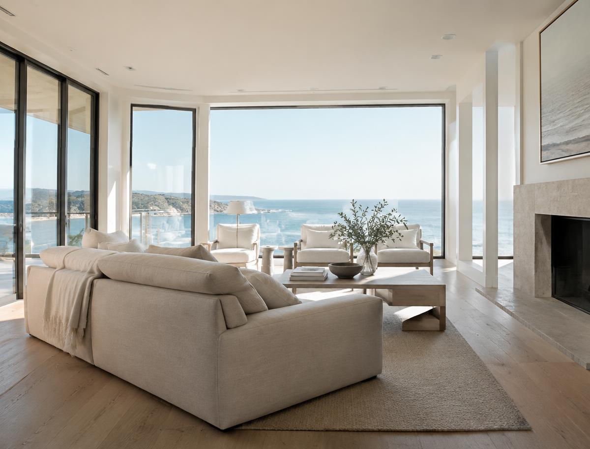 Bright coastal living room with ocean view